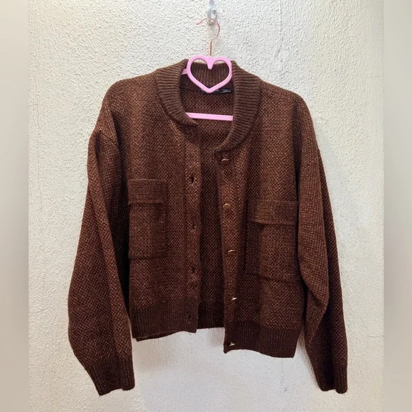 Mng Bomber Cardigan In Dark Brown Size Medium - Picture 4 of 7